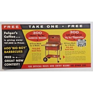 Vintage Folger's Coffee Contest Flyer 1958 Big Boy Flipperette Grill Advertising